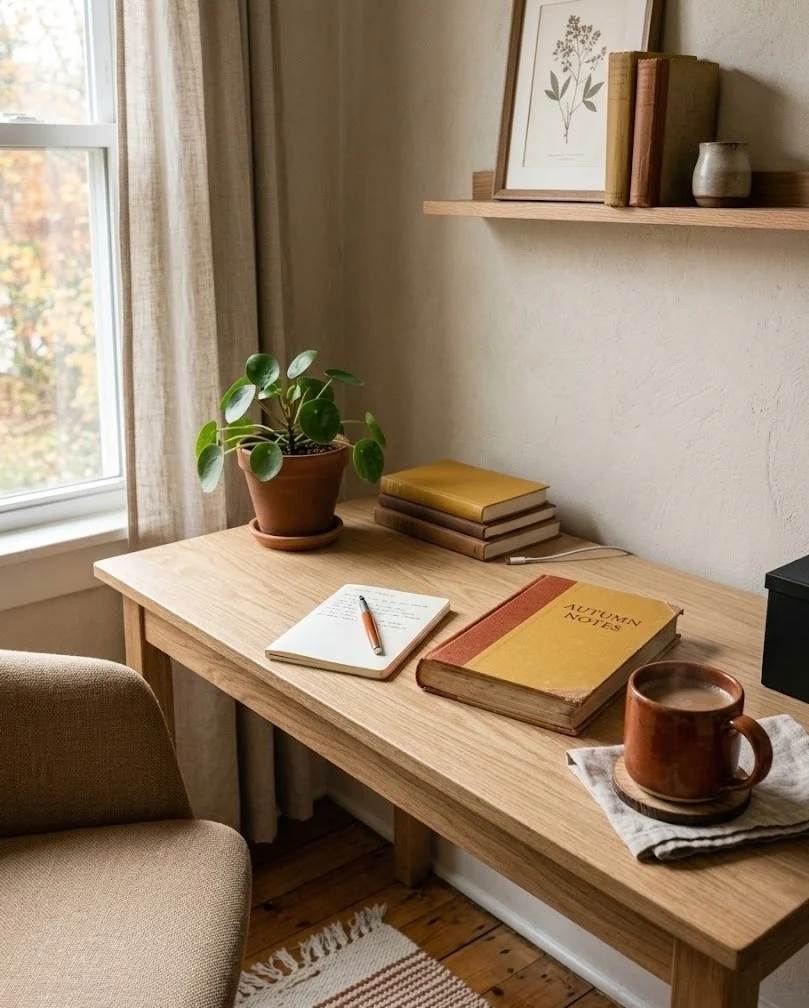 Small desk with one rust accent color repeated across a mug, book and pen