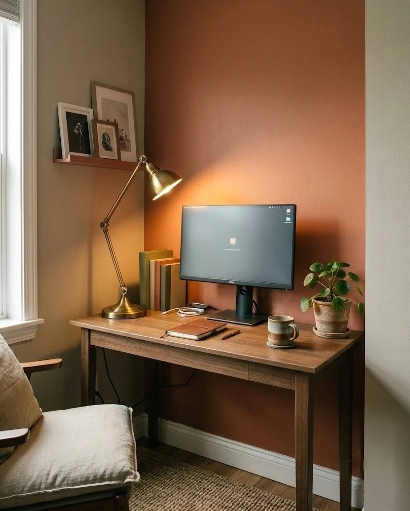 Cozy fall home office desk against a warm muted clay accent wall behind the monitor