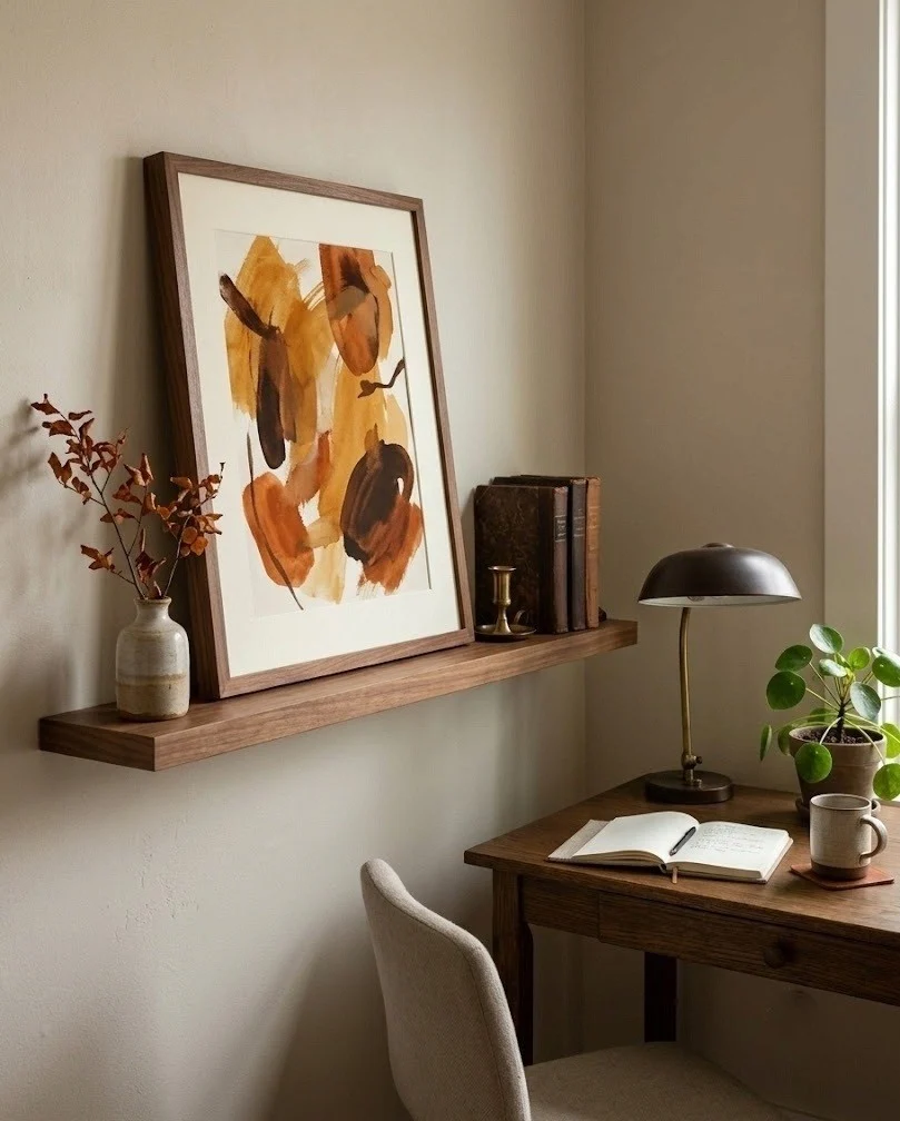 Framed warm autumn abstract print leaning on a shelf beside a small desk