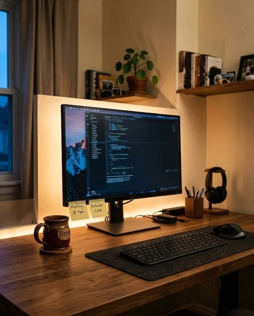 Monitor on a small desk with a warm amber bias light glowing on the wall behind it