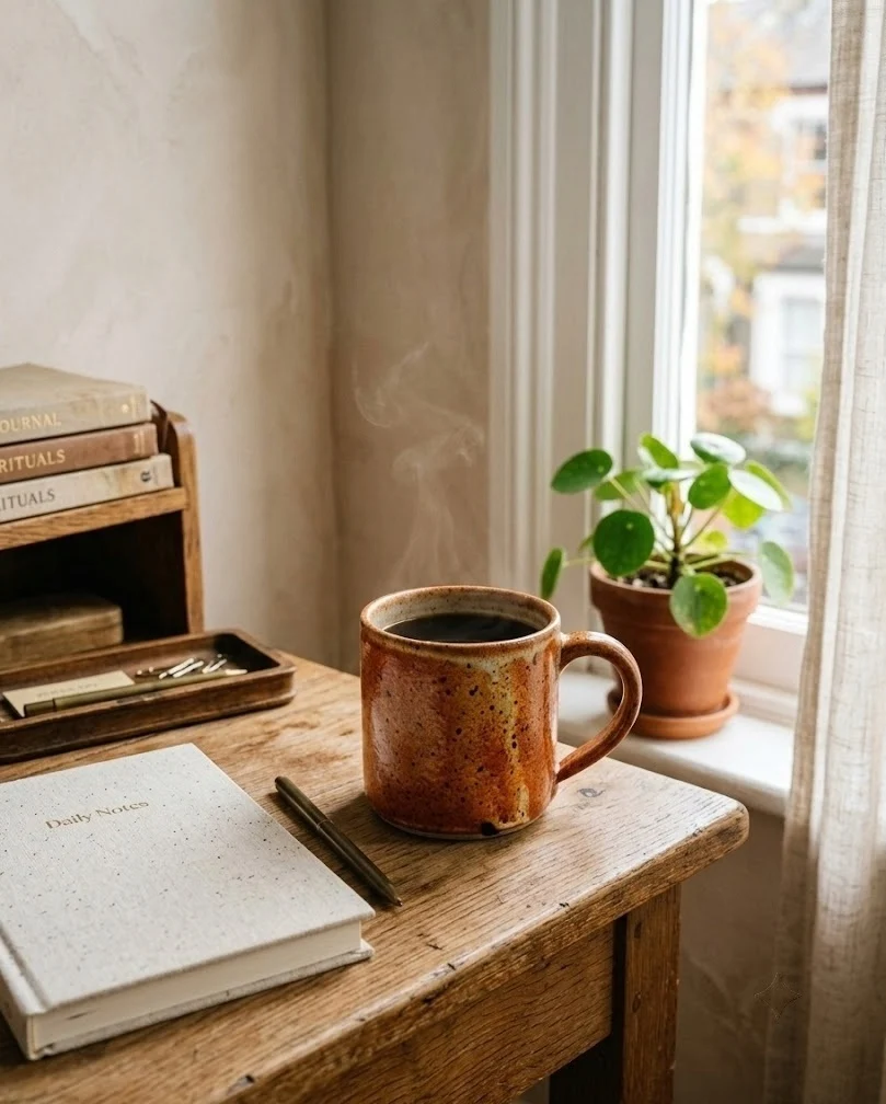 Cozy fall home office desk styled with a single warm rust-glazed ceramic mug