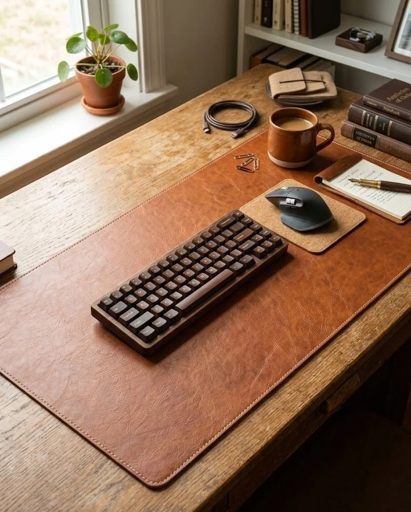 Warm cognac leather desk pad on a small desk with a keyboard, mouse and mug