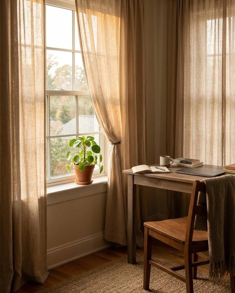 Warm oatmeal linen curtains softening window light beside a small home office desk