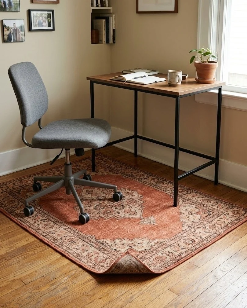 Small warm terracotta rug under a compact home office desk and chair