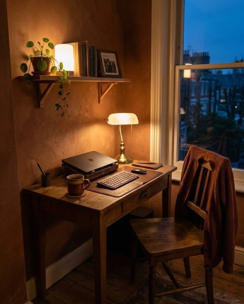 Small home office desk lit by warm dimmed smart bulbs during a dark autumn afternoon