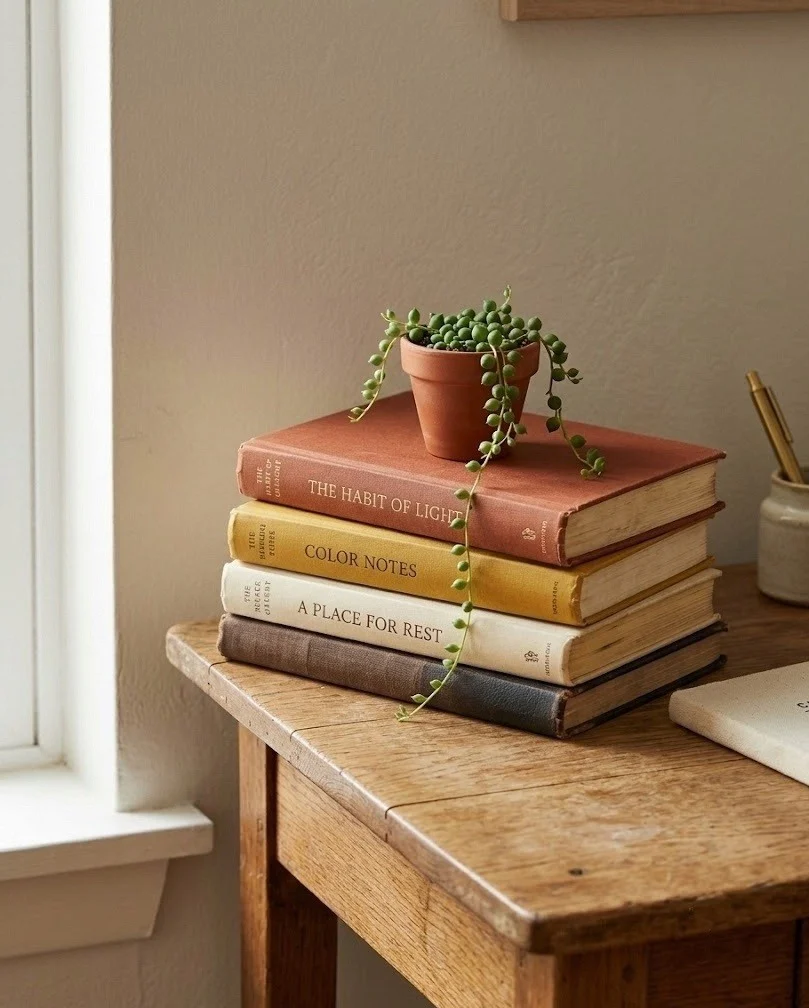 Short stack of warm-spine books used as a riser with a small plant on a desk
