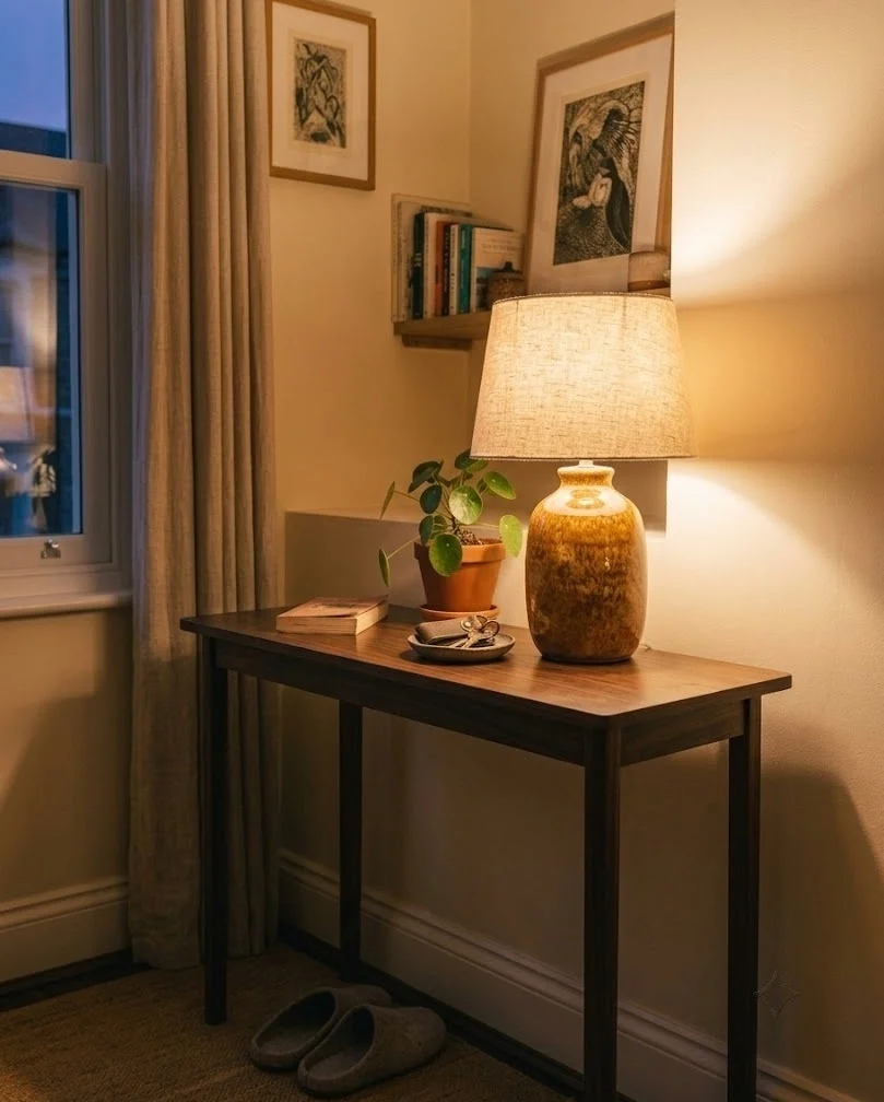 Cozy fall living room console with a warm-tone table lamp glowing in a small apartment