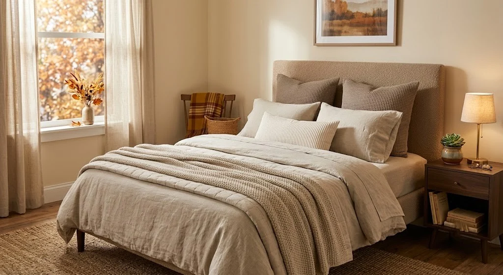 Warm taupe bouclé headboard with mushroom and oat pillow layers in a cozy fall bedroom