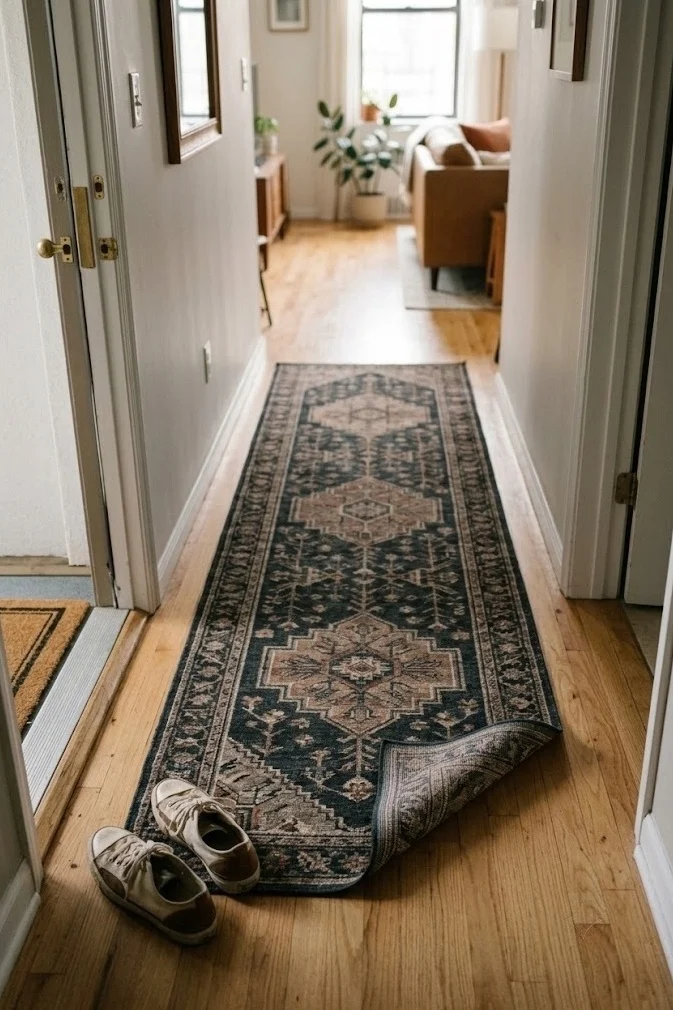 Washable runner rug marking a small entryway in an apartment with no closet