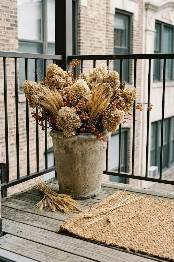 Apartment balcony fall decor with a weighted floor planter of dried hydrangeas and wheat