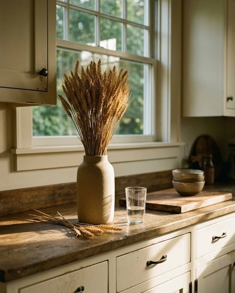 Dried wheat sheaf in a tall stoneware vase, neutral fall kitchen decor with no orange tones