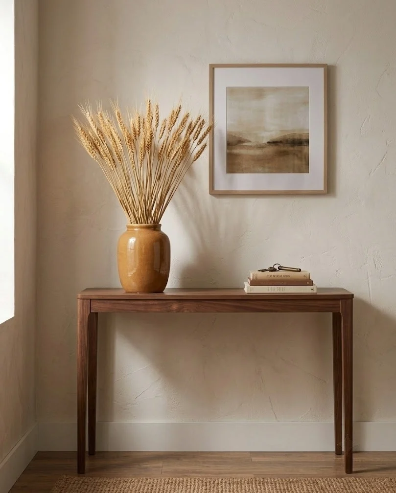 Faux wheat stems in a ceramic vase on a slim living room console for fall