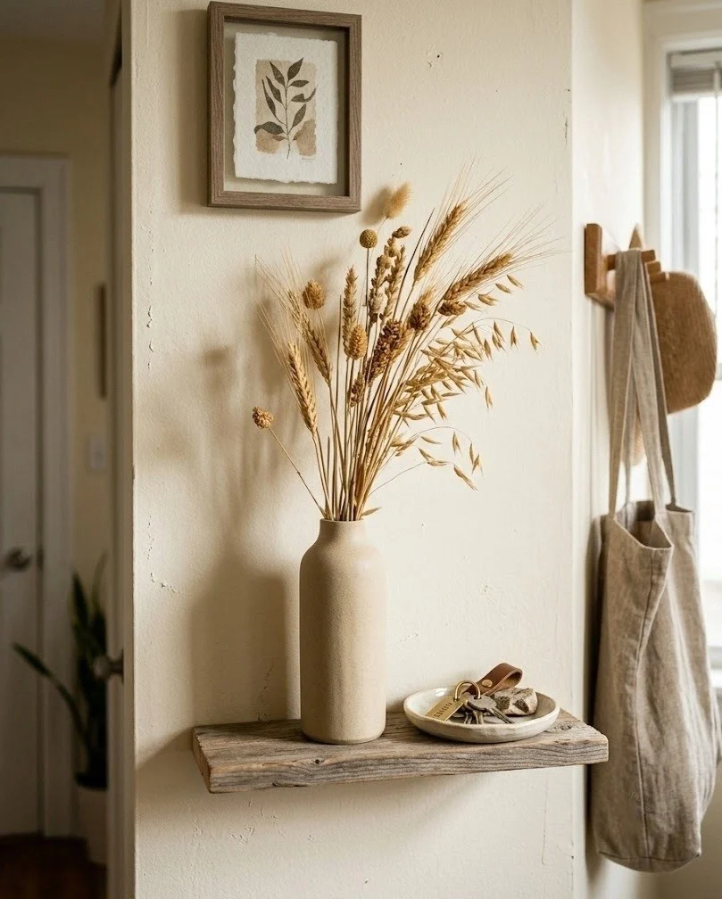Dried wheat in a slim vase on a wall ledge in a small entryway