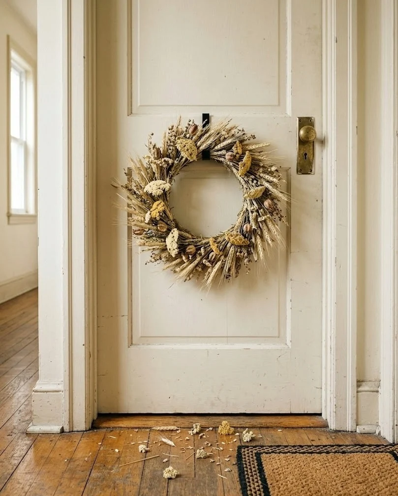 Flat wheat and wildflower wreath on a slim apartment entry door