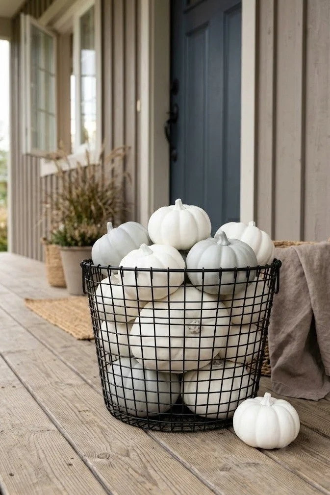 White faux pumpkins in a powder-coated black wire basket on decking