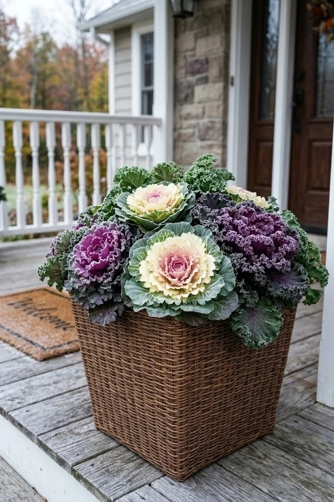 Ornamental cabbage and kale in a wicker planter, neutral fall porch decor