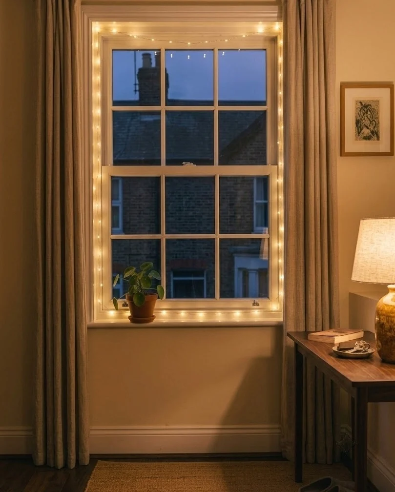Warm-white string lights along a small living room window frame in the evening