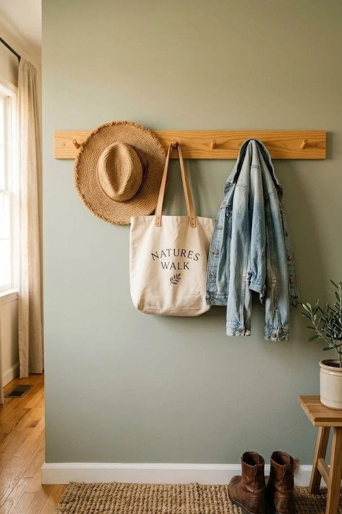 Wooden peg rail on adhesive mounts holding hats and bags with no drilling