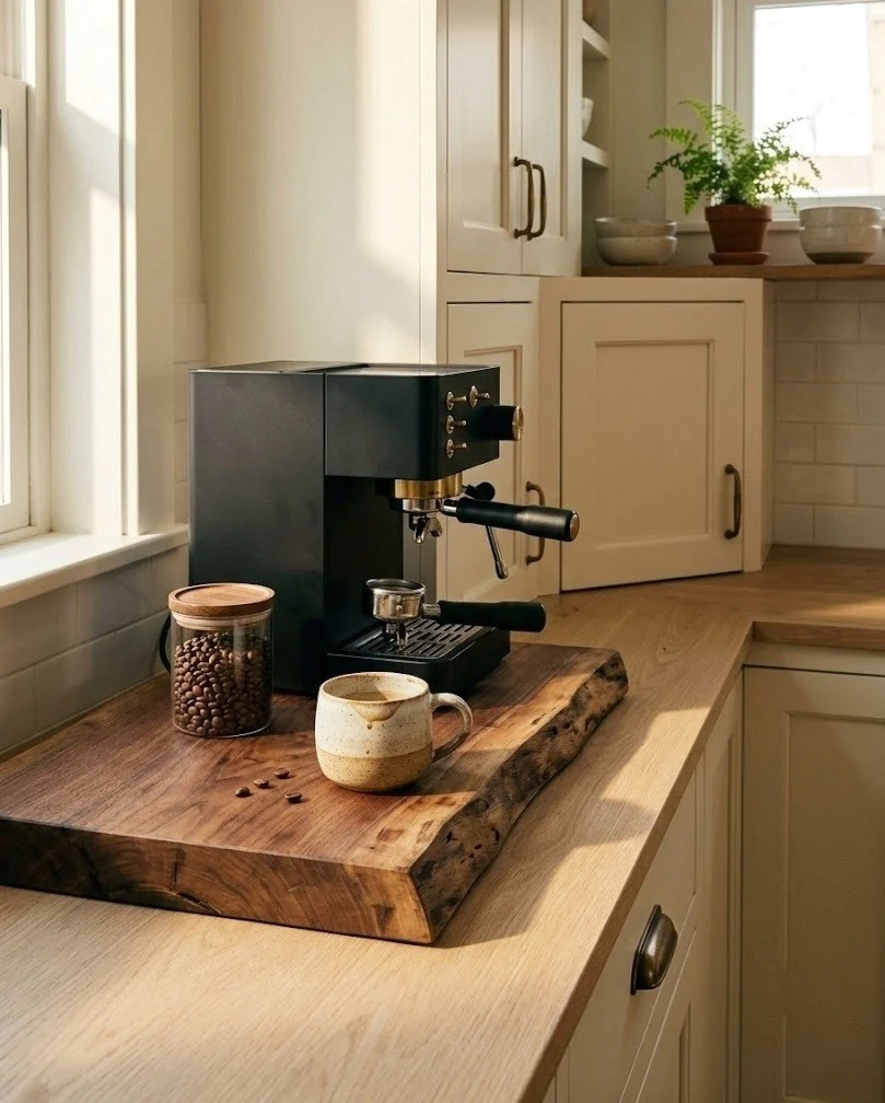 Espresso machine and stoneware mug set on a thick raw-edge walnut riser on a kitchen counter
