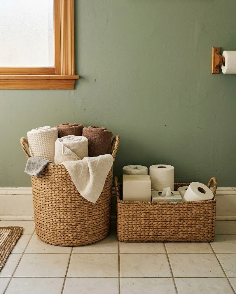 Two woven seagrass baskets holding towels and paper goods on a bathroom floor.