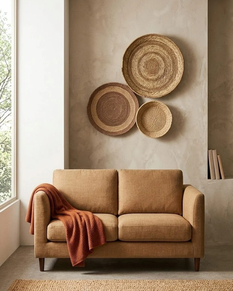 Woven wall basket cluster hung above a small living room sofa for fall texture