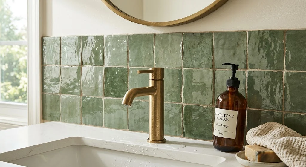 Sage green peel-and-stick zellige backsplash behind a rental bathroom faucet