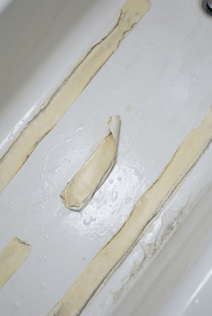 Aged adhesive non-slip strips peeling from a rental tub floor