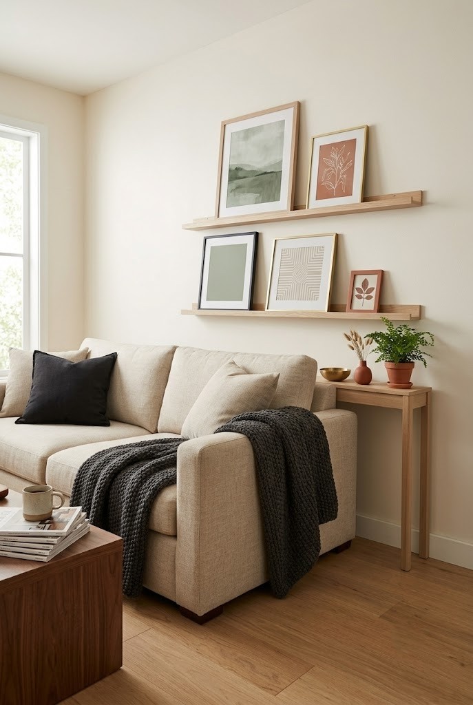 Adhesive picture ledges holding leaning framed prints on a soft white living room wall