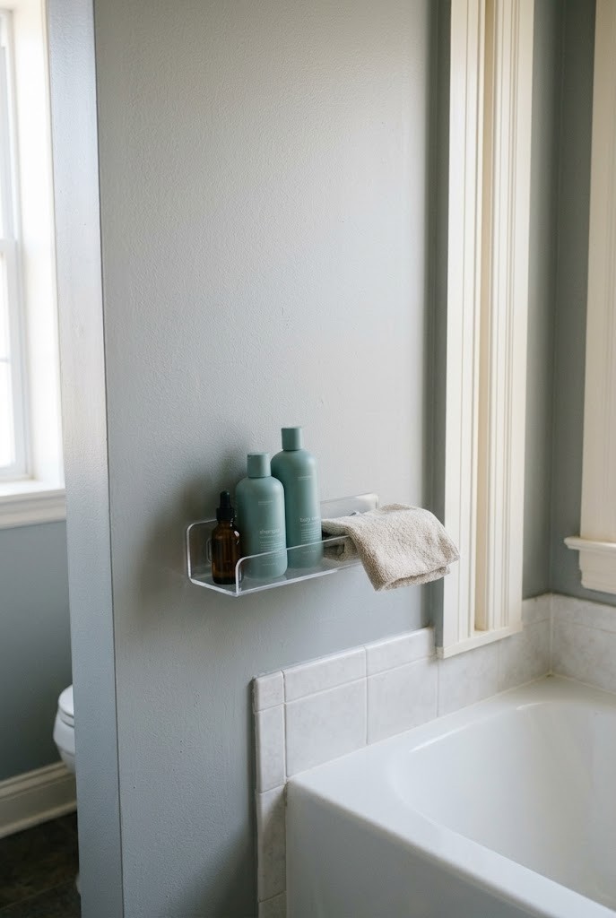 Adhesive shelf placed outside the spray line in a rental bathroom