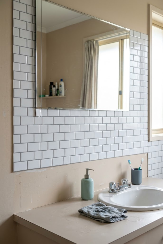 Peel and stick tile installed above the splash zone behind a rental bathroom vanity