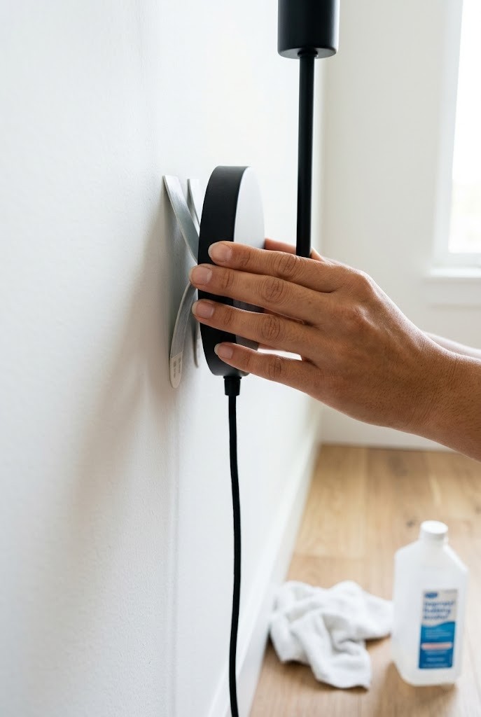 Mounting a light with adhesive strips to avoid drilling in a rental