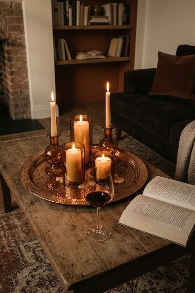 Amber glass candle holders lit on a copper tray in front of a brown couch