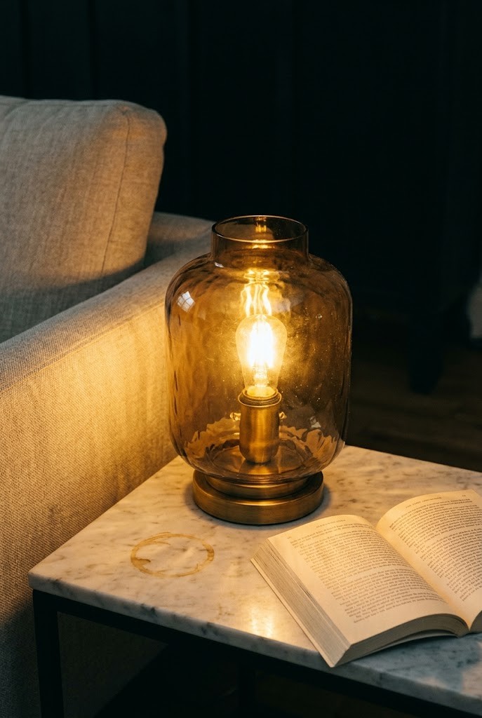 Moody living room lighting from an amber glass table lamp tinting the light golden by the sofa