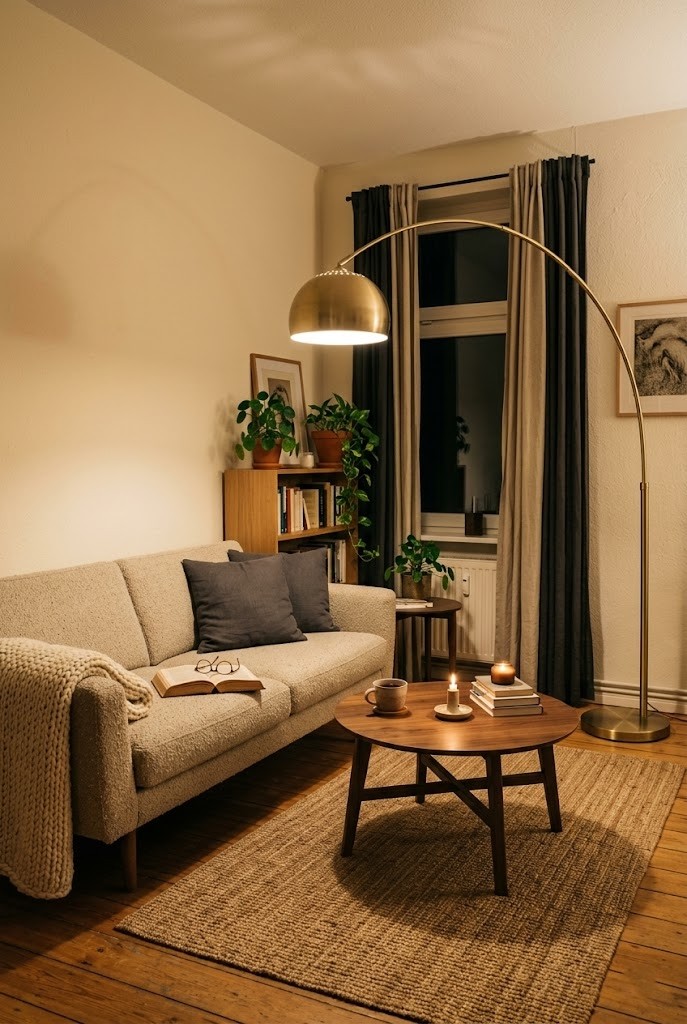 Arc floor lamp lighting a small living room with no overhead light
