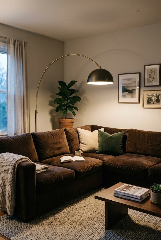Living room corner with a floor lamp arcing over a dark sectional sofa back