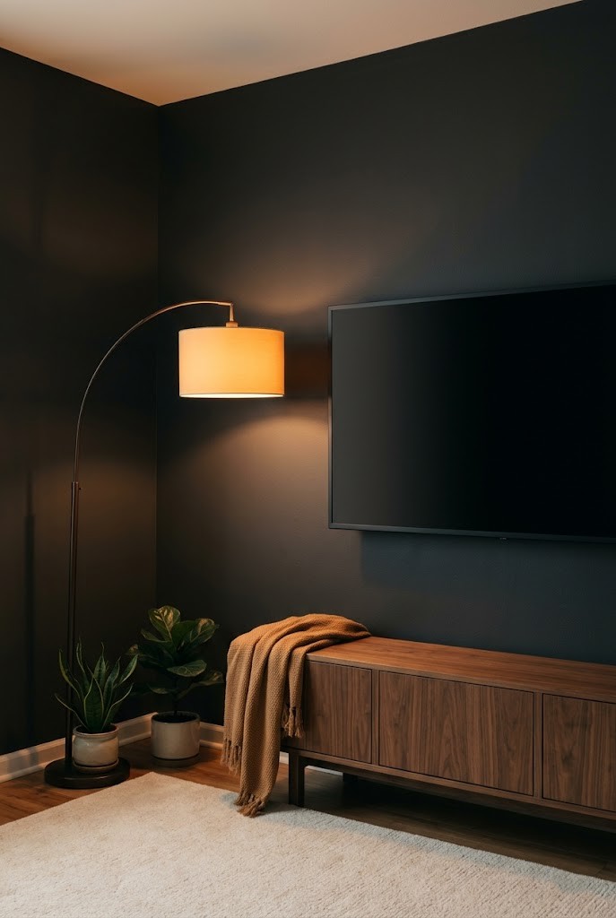 Arc floor lamp bridging the dead corner beside a wall-mounted TV