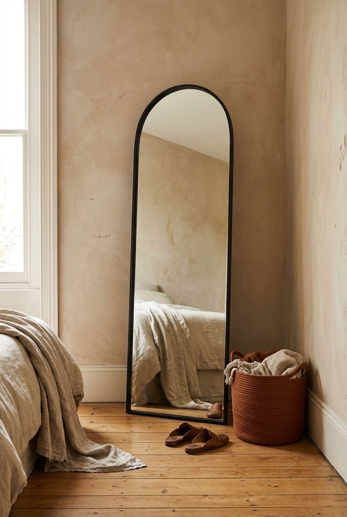 Arched floor mirror leaning in a bedroom corner, a budget neo deco decor idea