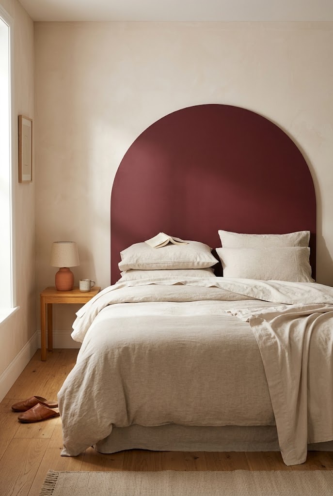 Arched plywood headboard in deep burgundy, a budget neo deco decor idea