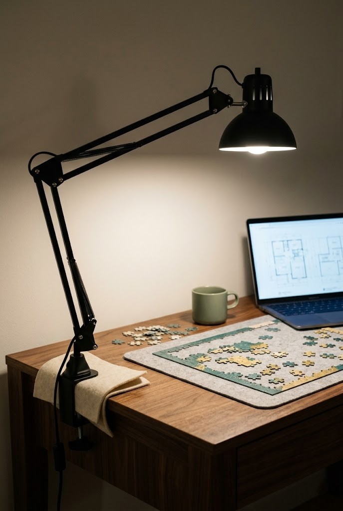 Architect clamp lamp giving task light over a console workspace
