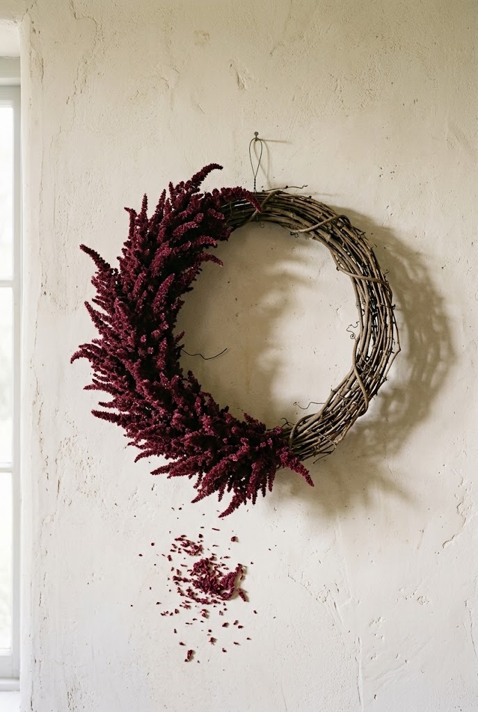 Half-covered burgundy amaranth wreath on a bare grapevine ring against plaster