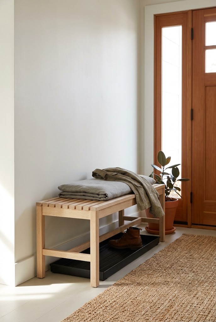 Twelve-inch backless bench set just outside the front door swing arc