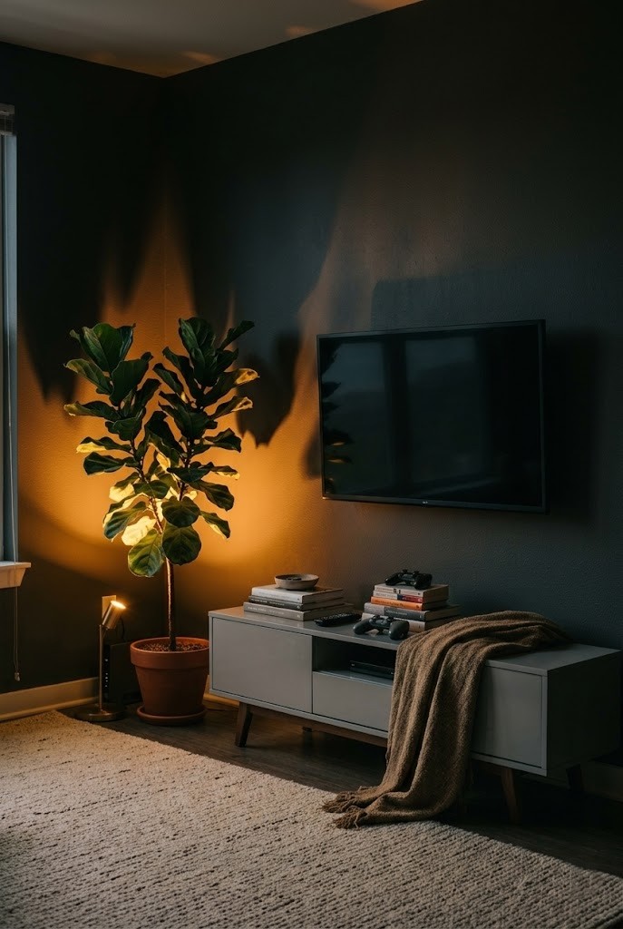 Backlit plant and low floor lamp softening glare in the TV corner