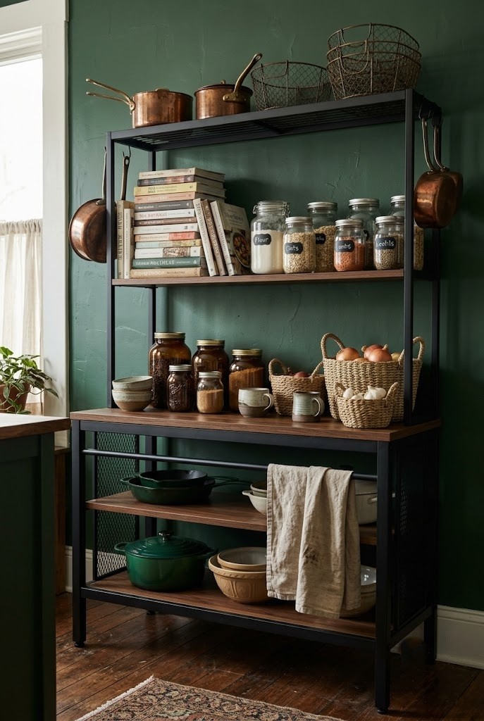 Dark cottagecore kitchen freestanding black baker's rack styled as a moody open pantry