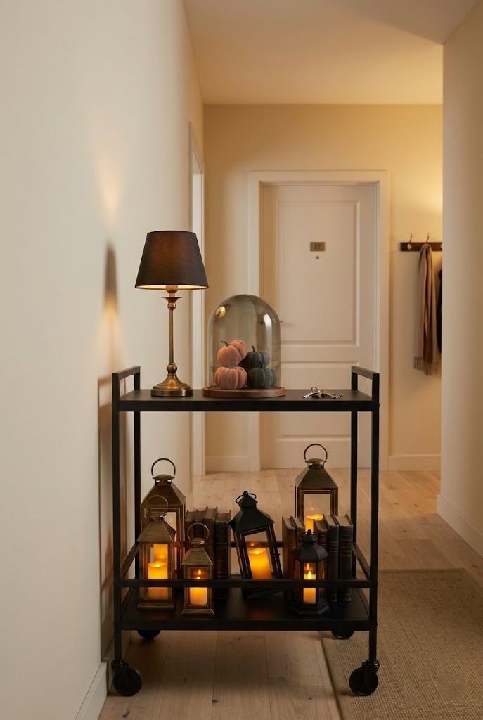 Black bar cart styled as a Halloween entry console in an apartment, freestanding and rolling, no drilling
