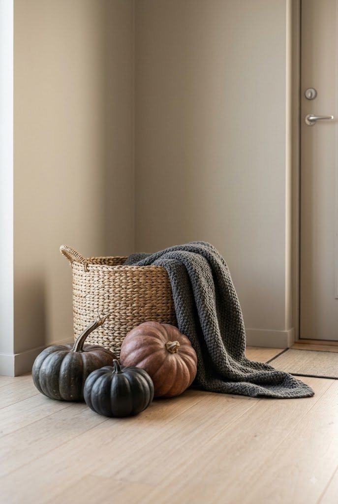 Basket, throw, and pumpkin cluster on the floor by an apartment door for a cozy no-drill Halloween entry