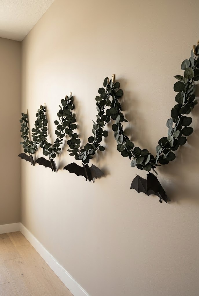 Black eucalyptus and bat garland swagged along an apartment entry wall on damage-free hooks for Halloween