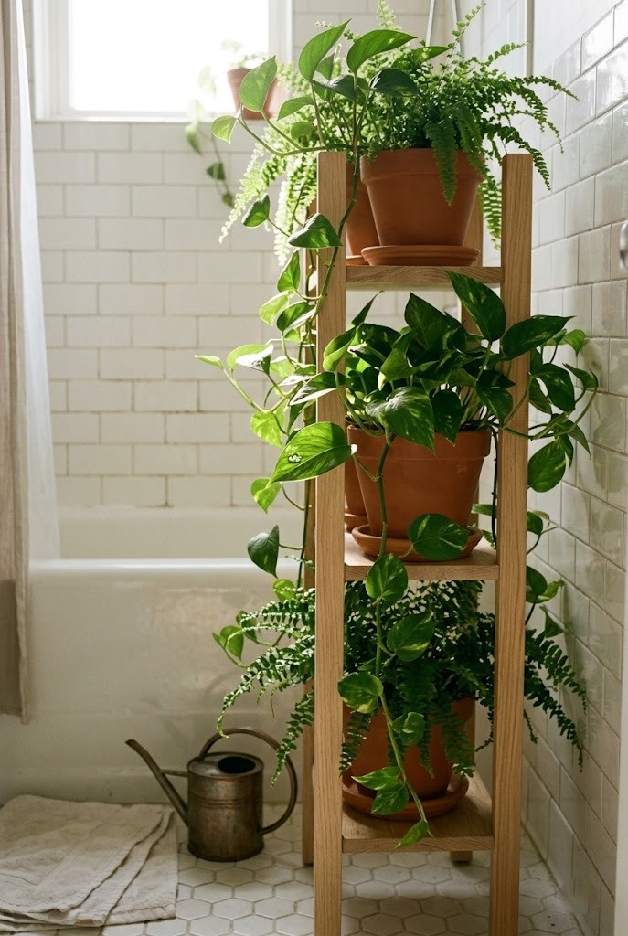 Humidity-loving plants on a stand beside a rental tub
