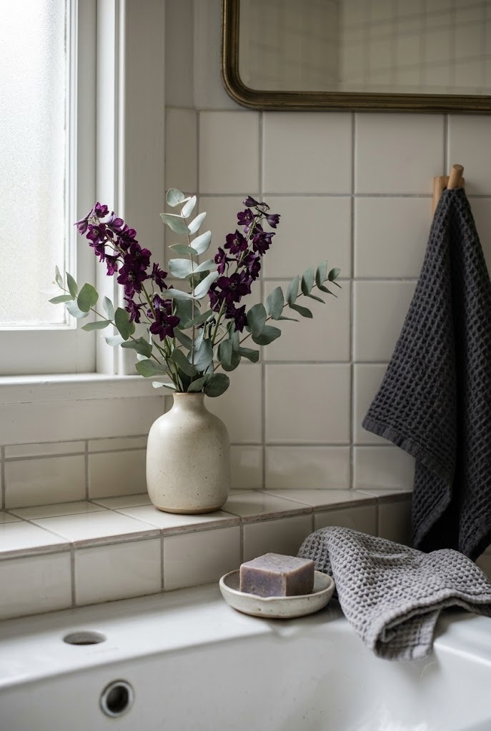 Preserved eucalyptus and plum larkspur in a small vase on a bathroom shelf