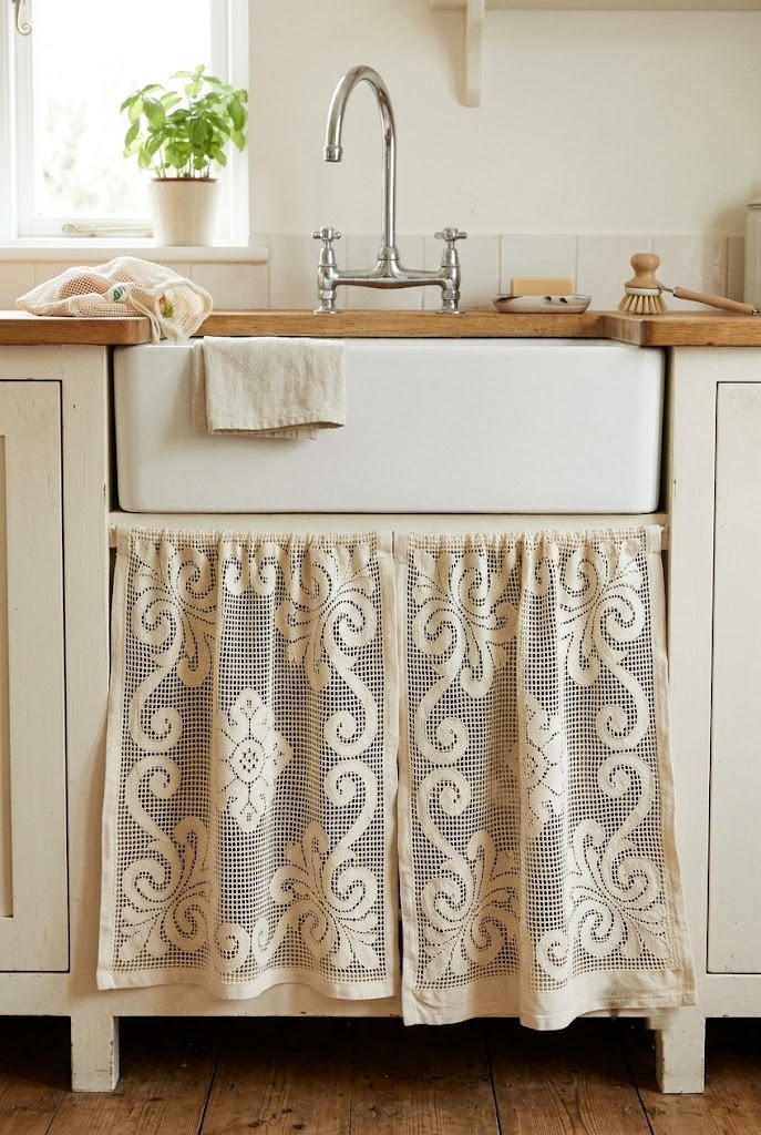 Two Battenburg lace tea towels hung as a cabinet skirt below a deep white sink