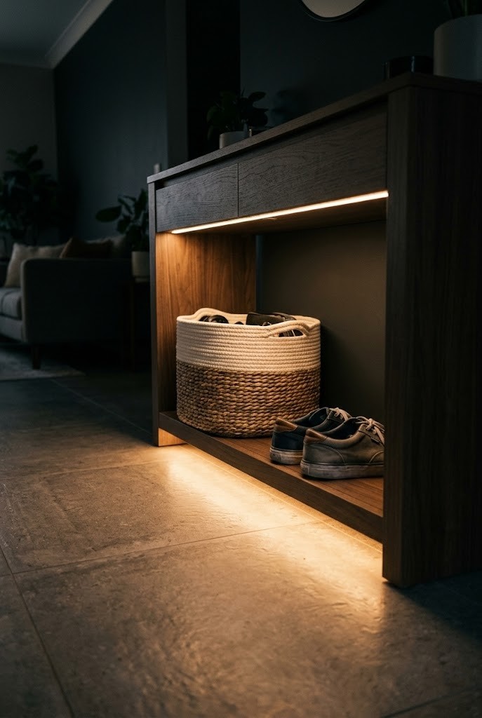 Hidden battery LED strip casting soft floor light under a console